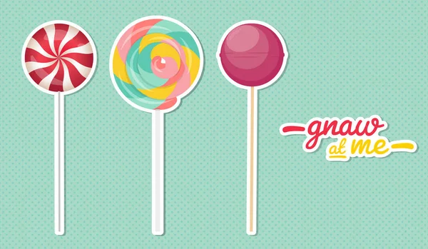 Lollipop Sticker Set Flat Cute Style Text Gnaw — Stock Vector