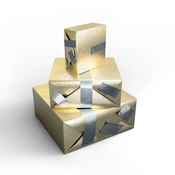 Золота Подарункова Коробка Срібною Стрічкою Ілюстрація Файл Відсічним Контуром — стокове фото