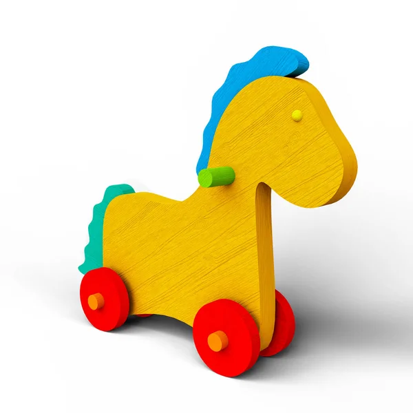 Dřevěný Kůň Hraček Kolečky Ilustrace Bílém Pozadí Soubor Oříznutou Cestou — Stock fotografie