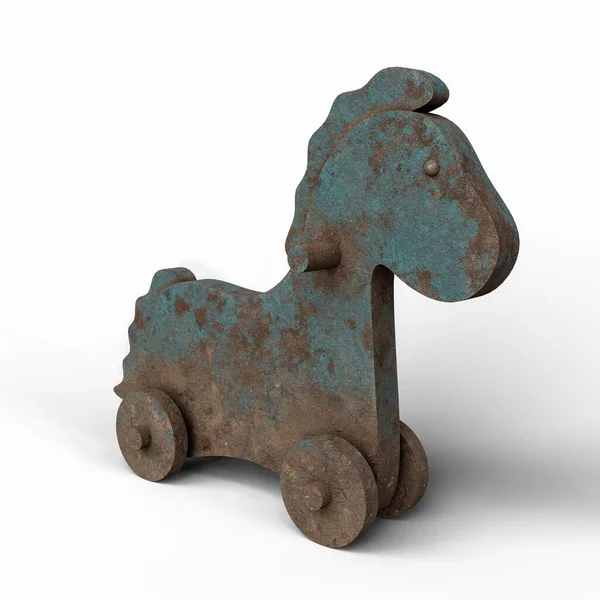 Metal Dirty Toy Horse Wheels Ilustrace Bílém Pozadí Soubor Oříznutou — Stock fotografie