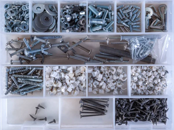 Small Construction Objects Builders Accessories Bolts Nuts Screws Other White — Stock Photo, Image