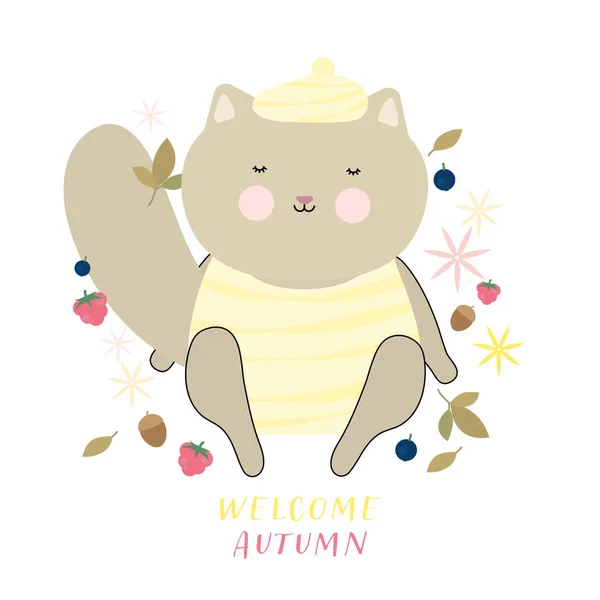 Autumn Time Cute Cat Design Web Mobile Card Sticker Shirt — Stock Vector