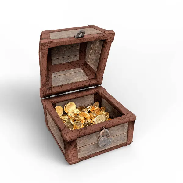 Открытый Средневековый Сундук Золотыми Монетами Изолированными Белом Фоне Инсталляция File — стоковое фото