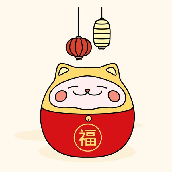 Maneki Neko Lucky Cat Japón China Inscripción Jeroglífica Tradicional Significa — Vector de stock