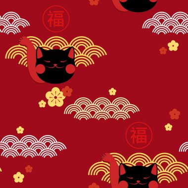 Japonya 'daki Maneki Neko Şanslı Kedisi ve Web, Mobile, Card, Sticker, T-Shirt, Tekstil Torbası ve Giysi İçin Çin Kusursuz Arkaplanı. Hiyeroglif Yazıtlar Mutluluk, Refah, Şans.