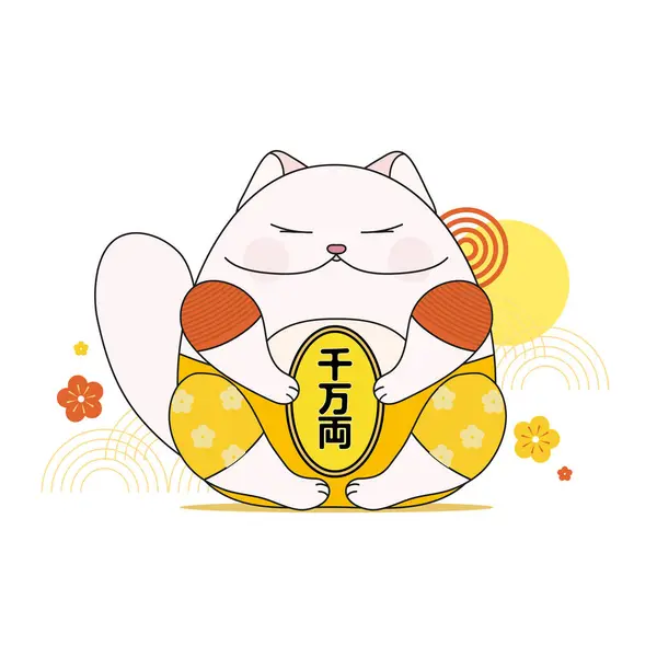 Maneki Neko Lucky Cat Giappone Cina Giappone Geroglifici Tradurre Dieci — Vettoriale Stock