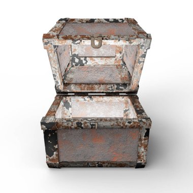 Kapağı açık paslı metal bir göğüs, yıpranmış ve eskimiş bir dokuyu gösteriyor, temiz beyaz bir arkaplanda. Terk edilme, çürüme, tarih ve klasik depolama kavramları için mükemmel..