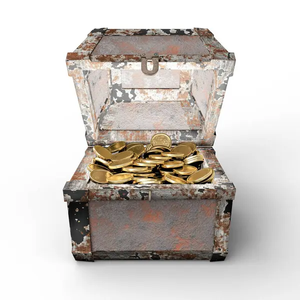 Parlak altın sikkeler içeren yıpranmış metal bir sandık zenginliği, keşfi ve serveti simgeler. Hazine avcılığı, finansal başarı ya da korsan estetiği konuları için mükemmel..
