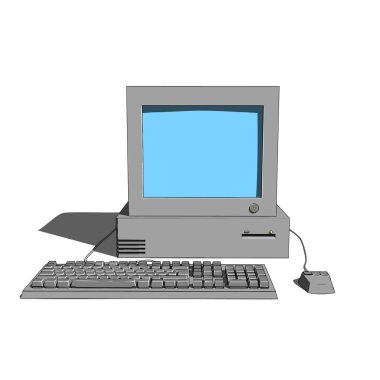 Beyaz arka planda izole edilmiş geleneksel CRT monitörü, klavyesi ve kablo faresi içeren Retro masaüstü bilgisayarı. Teknoloji tarihi veya hesaplama teması için uygun klasik klasik bilgisayar tasarımını vurgular.