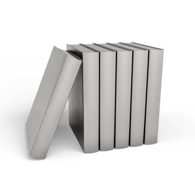 Arka arkaya sıralanmış, biri dışarı eğimli, mat gümüş kapaklı altı ciltli kitap seti. Modern estetik ve düzeni yansıtan zarif ve minimalist tasarım. 3D Illustration. Clipping Path ile Dosya.
