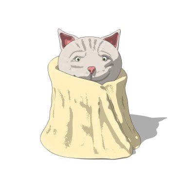 Sarı bir havluya sarılmış sevimli bir kedi, sakin bir ifadeyle bakıyor..