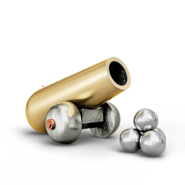 Beyaz zemine karşı altın dekoratif top ve gümüş metalik gülleler. Kompozisyon tarih ve estetiği modern bir perspektifle birleştirerek büyüleyici ve eşsiz bir görsel izlenim yaratıyor. 3D Illustration. Clipping P ile Dosya