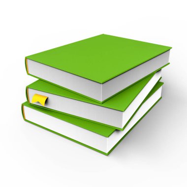 Temiz beyaz bir arkaplan üzerine yerleştirilmiş, düzgün istiflenmiş bir yığın yeşil ciltli kitap, eğitimi, eğitimi, okumayı, araştırmayı ve edebiyatı sembolize ediyor. 3D Illustration. Clipping Path ile Dosya.