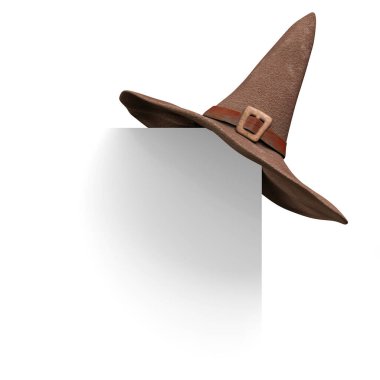 Temiz beyaz bir zemin üzerinde oturan kahverengi uçlu bir cadı şapkası sihri, gizemi ve Cadılar Bayramı temalarını simgeliyor. 3D Illustration. Clipping Path ile Dosya.