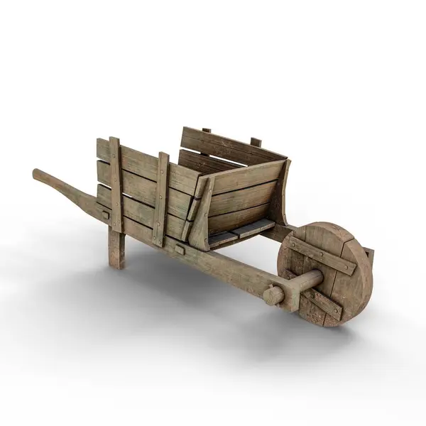 Tek bir rustik ahşap tekerleği olan klasik bir ahşap el arabası ve tarım, tarım ve geleneksel kırsal ortamlarla ilişkilendirilmiş el yapımı kenarlar. 3D Illustration. Clipping Path ile Dosya.