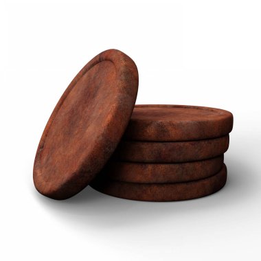 Eski dokularını ve detaylarını gösteren paslı metal paraların yakın plan görüntüsü. 3D Illustration. Clipping Path ile Dosya.