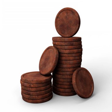 Birkaç yıpranmış ve paslanmış metal madeni para düz beyaz bir zeminde yığılmış. Finans, aşınma, metal işçiliği ve sanat eserleri için mükemmel bir tema. 3D Illustration. Clipping Path ile Dosya.
