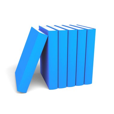 Düzenli, minimalist bir yığın halinde düzenlenmiş bir dizi parlak mavi kitap. 3D Illustration. Clipping Path ile Dosya.