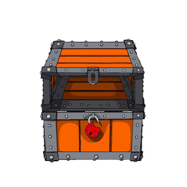 Yarı açık Ortaçağ Sandığı ve Asma Kilit. Vektör İllüstrasyonu.