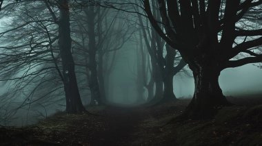 Karanlık, çarpık ağaçlarla kaplı sisli bir orman yolu loş ve sessiz ışığın altında esrarengiz ve ürkütücü bir atmosfer yaratıyor..
