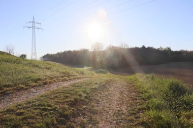 Elektrik hatlarıyla Sunny Countryside Trail. Yüksek kalite fotoğraf