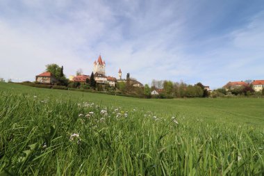 HAAG, GERMANY - 20 Nisan 2025: Haager Schlossturm Freiham çayırından görüntülendi, açık manzara ve açık gökyüzü tarafından çerçevelendi. Yüksek kalite fotoğraf
