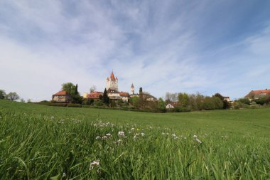 HAAG, GERMANY - 20 Nisan 2025: Haager Schlossturm Freiham çayırından görüntülendi, açık manzara ve açık gökyüzü tarafından çerçevelendi. Yüksek kalite fotoğraf
