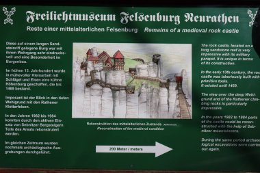 NEURATHEN, ALMANY - 20 Nisan 2025: Freilichtmuseum Felsenburg Neurathen için bilgi işareti, ortaçağ kaya şatosu kalıntılarını detaylandırıyor. Yüksek kalite fotoğraf