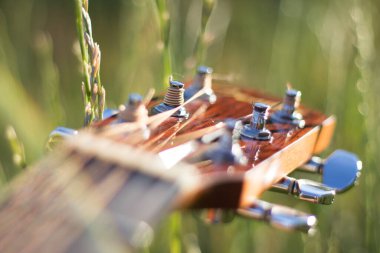 NUREMBERG, GERMANY - 21 Temmuz 2013: Çamurluk gitar başlığının akort mandallı yakın çekimi, marka logosunun altını çizmek ve karmaşık işçilik, bulanık bir arkaplan üzerine kurulmuş