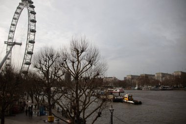 Londra, UNITED KINGDOM - 30 ARALIK 2017: Bulutlu bir kış öğleden sonrasında önlerinde yapraksız ağaçlarla Londra Gözü ve Thames Nehri. Yüksek kalite fotoğraf