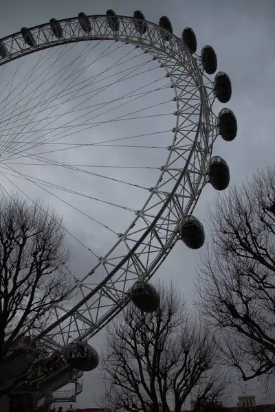 LONDRA, BİRLİK KINGDOM - 30 ARALIK 2017: Siluetli çıplak ağaç dalları ve bulutlu bir kış gökyüzü ile Londra Gözü 'nün yukarıdan görünüşü. Yüksek kalite fotoğraf
