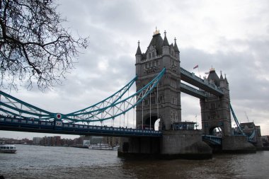 30 Aralık 2017 'de Londra' da bulutlu bir kış gününde Thames Nehri 'ni geçen Kule Köprüsü manzarayı çevreleyen çıplak ağaç dalları. Yüksek kalite fotoğraf