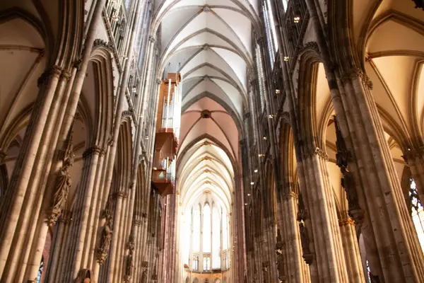 COLOGNE, ALMANY - 29 ARALIK 2017 Köln Katedrali 'nin merkez kapağı, gotik kemerler, yükselen sütunlar ve arka planda parlayan bir maymun. Yüksek kalite fotoğraf