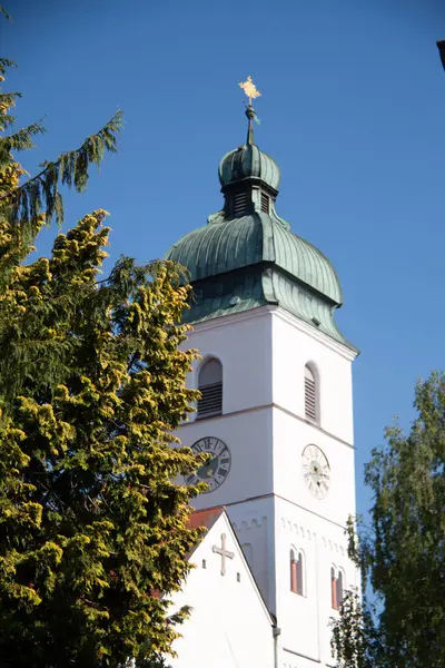 EBERSBERG, GERMANY - 8 Mayıs 2018: Ebersberg 'deki Sankt Sebastian' ın yeşil bakır kubbesi ve haçı ile Barok kilise kulesi, açık mavi gökyüzü altında bahar yapraklarının üzerinde yükseliyor. Yüksek kalite fotoğraf