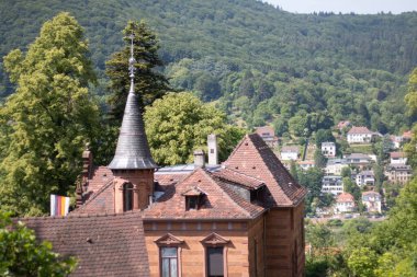 Heidelberg 'deki tarihi taret binası açık bir bahar gününde arka planda gür orman ve yamaçtaki evler tarafından çerçevelenmiştir. Yüksek kalite fotoğraf