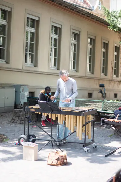 HeideELBERG, ALMANY - 19 Mayıs 2018: Güneşli bir öğleden sonra Heidelberg 'deki tarihi bir binanın önünde vibratörle sokak müzisyeni performans sergiliyor. Yüksek kalite fotoğraf