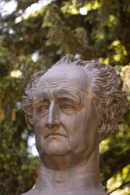 HeideELBERG, ALMANY - 19 Mayıs 2018: Johann Wolfgang von Goethe 'nin büstü Heidelberg' deki yapraklı bir parkta sergilendi. Yüksek kalite fotoğraf