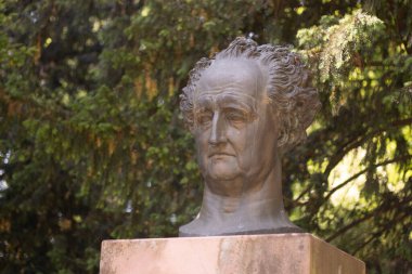HeideELBERG, ALMANY - 19 Mayıs 2018: Johann Wolfgang von Goethe 'nin büstü Heidelberg' deki yapraklı bir parkta sergilendi. Yüksek kalite fotoğraf