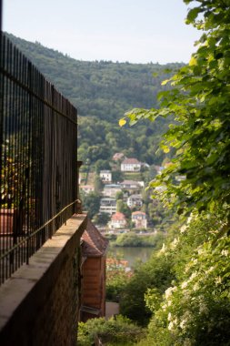 Heidelberg Kalesi terasından Neckar vadisine ve ötesindeki tepelere bakan tarihi mimari ve güvenlik korkulukları ile görüntüler. Yüksek kalite fotoğraf