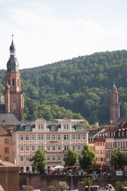 HeideELBERG, ALMANY - 19 Mayıs 2018: Heidelberg 'de arka planda ormanlık tepeler bulunan tarihi binaların ve Kutsal Ruh Kilisesi' nin dikey görüntüsü. Yüksek kalite fotoğraf