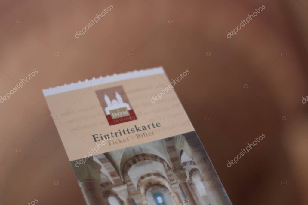 SPEYER, GERMANY - MAY 21, 2018: An admission ticket, Eintrittskarte, for the historic Speyer Cathedral. High quality photo