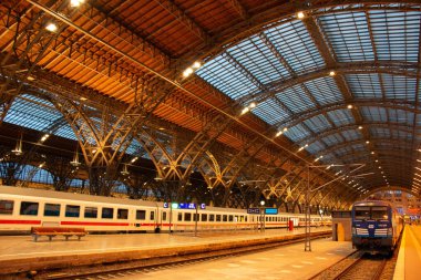  LEIPZIG, ALMANY - 18 AĞUSTOS 2018: Platformlarda ve kubbeli çatılarda trenler bulunan Leipzig Hauptbahnhofs treninin iç manzarası. Yüksek kalite fotoğraf