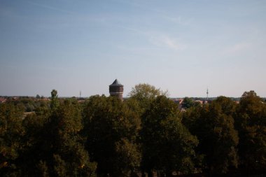  LEIPZIG, ALMANY - 19 AĞUSTOS 2018: yemyeşil ağaçların üzerinde yükselen tarihi kuleleri olan şehir manzarası. Yüksek kalite fotoğraf