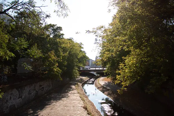 MARKLEEBERG, ALMANY - 19 Ağustos 2018: Dar kanal veya su yolu Markkleeberger yakınlarında yemyeşil ağaçlarla çevrili. Yüksek kalite fotoğraf