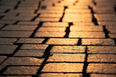 Gün doğumunda Leipzig 'deki Cobblestone Caddesi' nde. Yüksek kalite fotoğraf