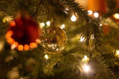 Kırmızı ve altın süslemelerle süslenmiş Noel ağacı ve sıcak tatil atmosferinde parlayan ip ışıkları. Yüksek kalite fotoğraf