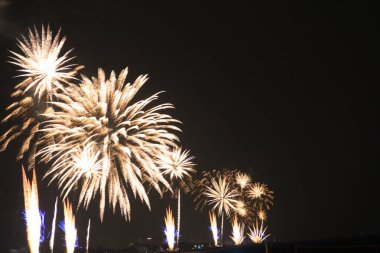  Karanlık bir gökyüzü kutlaması ve aydınlıkta renkli havai fişekler patlıyor. Yüksek kalite fotoğraf