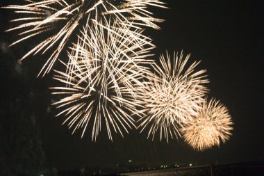  Karanlık bir gökyüzü kutlaması ve aydınlıkta renkli havai fişekler patlıyor. Yüksek kalite fotoğraf