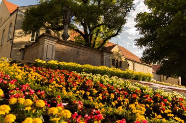 HAAG OBERBAYERN, GERMANY - 28 Mayıs 2013: Loewenbrunnen çeşmesinin manzarası şehir merkezinde çiçek açan çiçeklerle ve tarihi binalarla çevrili. Yüksek kalite fotoğraf