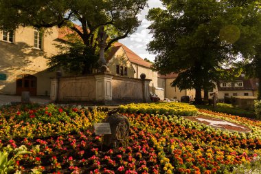 HAAG OBERBAYERN, GERMANY - 28 Mayıs 2013: Loewenbrunnen çeşmesinin manzarası şehir merkezinde çiçek açan çiçeklerle ve tarihi binalarla çevrili. Yüksek kalite fotoğraf